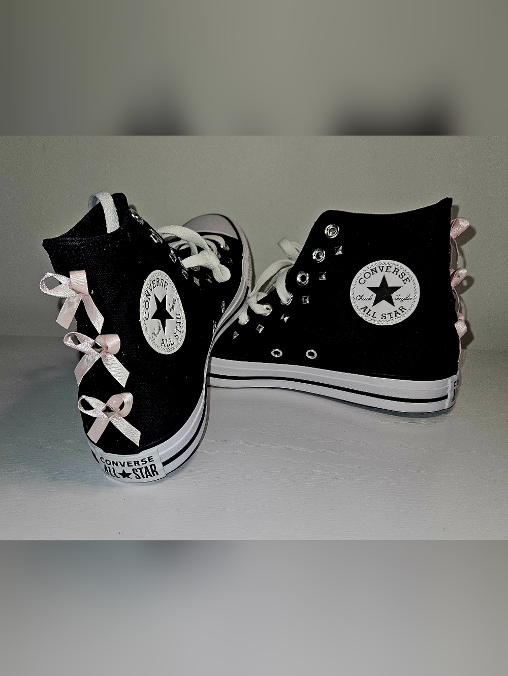 Black High-Top Sneakers with Pink Ribbon Bowslor Concersw Bow/stud - Picture 2 of 8